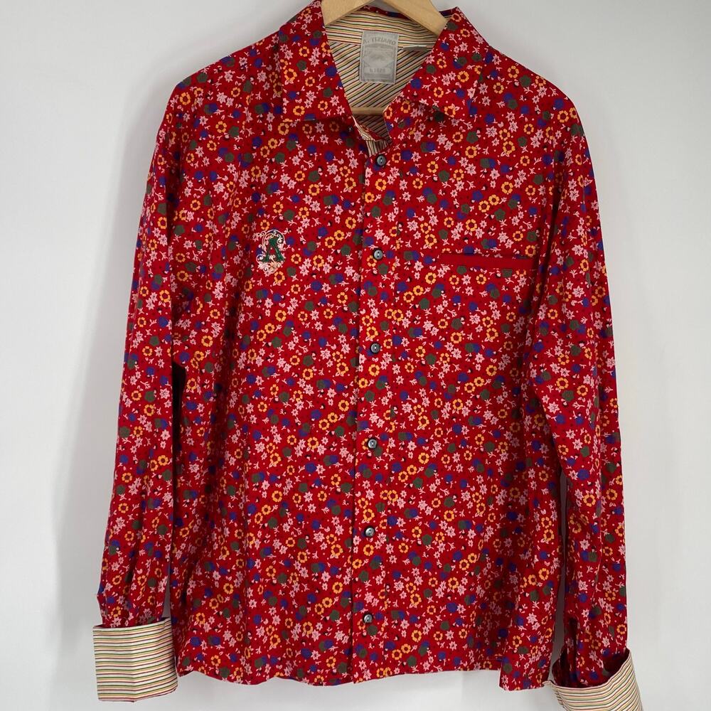 A.‎ Tiziano Shirt Men’s XL Red Vintage Floral Flip Cuff Flip Collar 100% Cotton